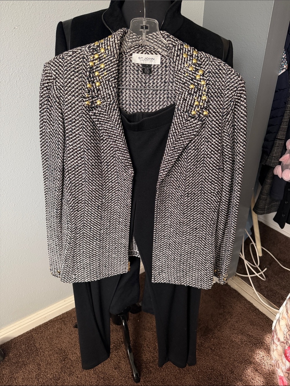 St. John Black & White Tweed Jacket with Yellow Bead Embellishment